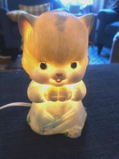VTG BISQUE  PRAYING CAT Kitten ANGEL LIGHTED Night Nursery Lamp