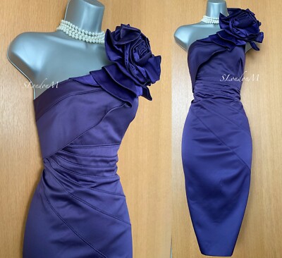 Karen Millen UK 12 Purple Satin Rose Corsage One Shoulder Wiggle Cocktail  Dress | eBay