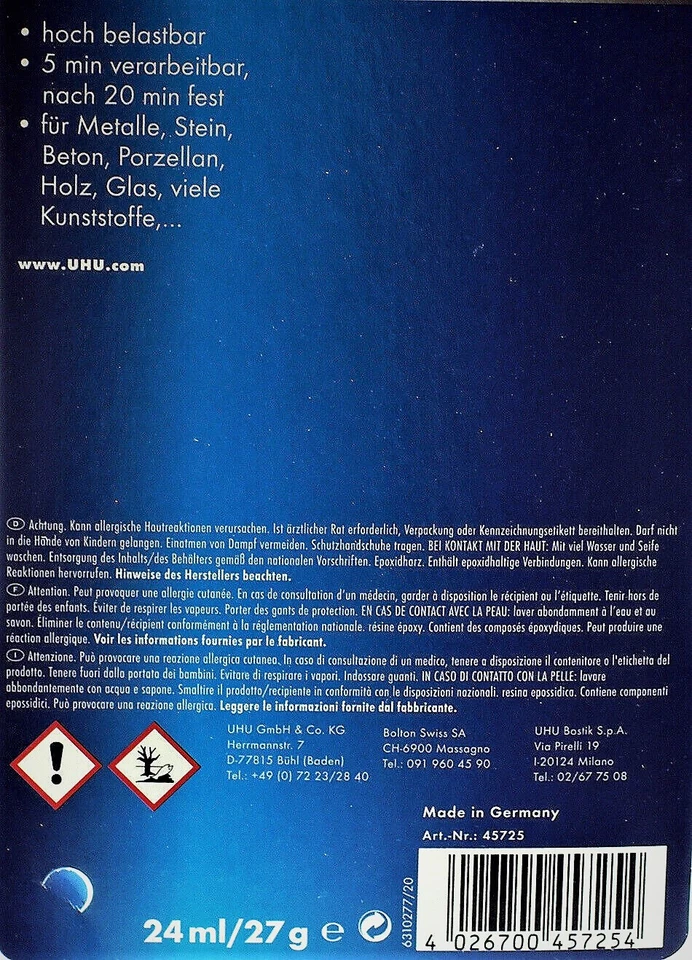 2 K Epoxidharzkleber, UHU plus schnellfest, 2x27g, Doppelkammerspritze - Bild 2 von 2