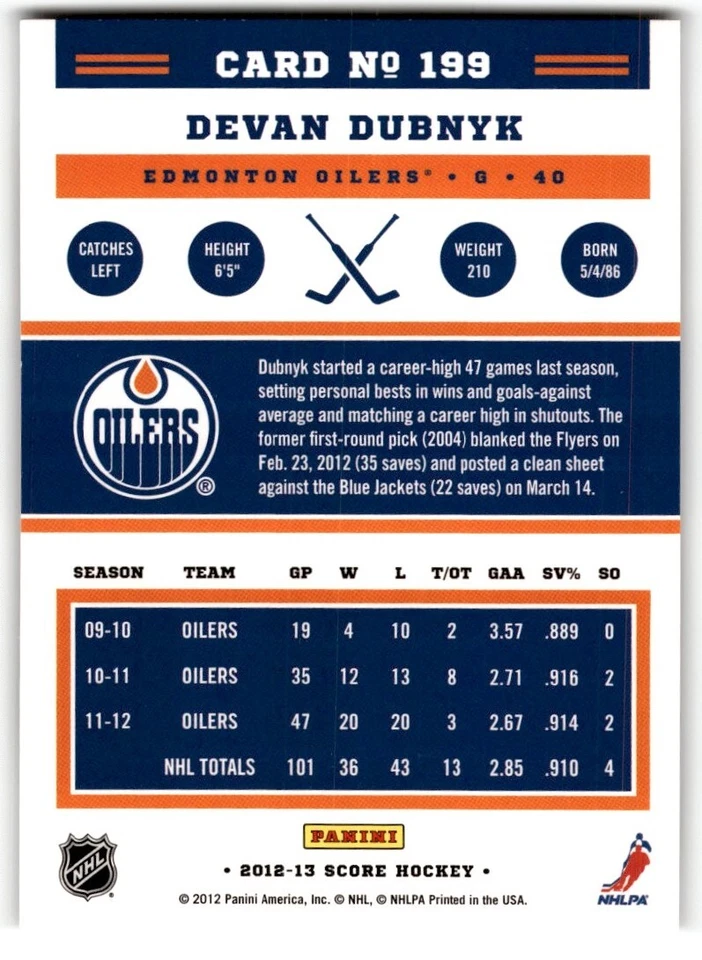 Devan Dubnyk 2012-13 Score Gold Rush #199 Edmonton Oilers - Image 2 of 2