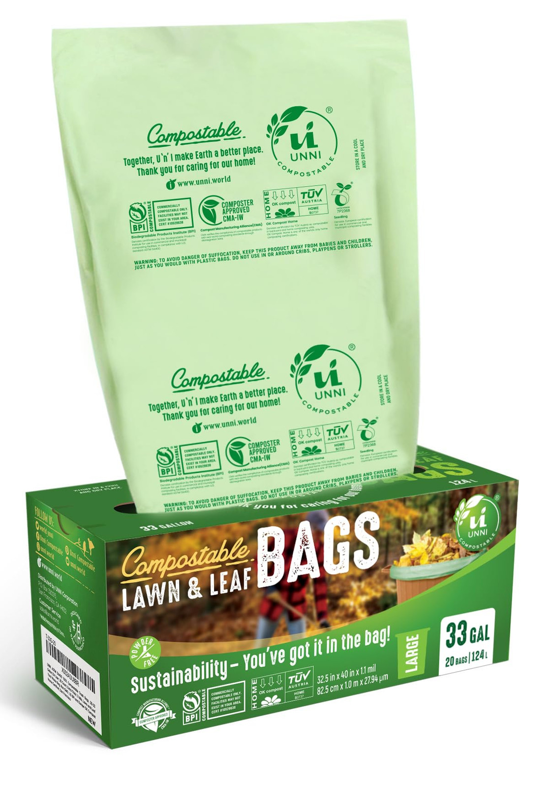 Compostable Lawn & Leaf Liner Bags, 30-33 Gallon, 124 Liter, 1.1 Mil Extra Th...