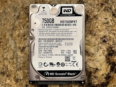 Western Digital Scorpio Black 750GB 2.5'' SATA II HDD WD7500BPKT - Tested Working