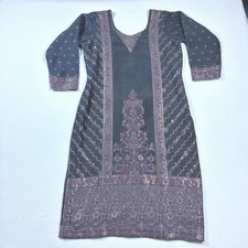 Rich Boho Indie Kurta Tunic Dress Purple Gold Paisley Metallic Embroidery Medium