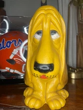 Vintage 1971 Droopy Yellow Basset Hound Sad Dog Plastic Piggy Bank 13” with Plug