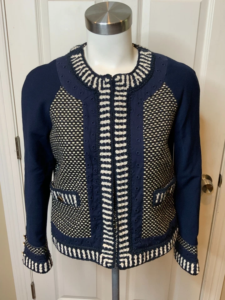 Chaqueta de tweed Tory Burch Leandra azul marino, blanco y dorado metálico, talla 4 Foto 2 de 4