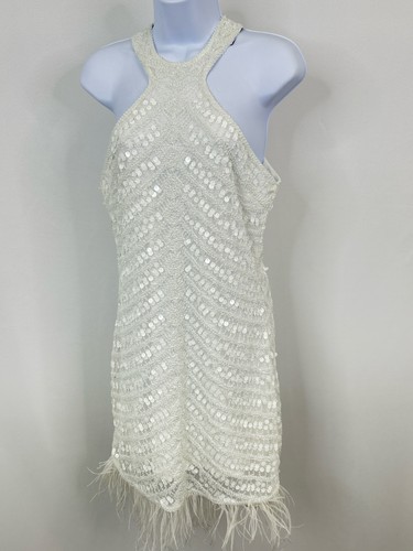 Lulus Feather Together Beaded Halter Size M Mini Sequins Party White Women Dress