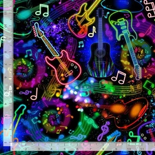 Music Fabric | With the Band Neon Guitar & Note Black | Timeless Treasures YARD