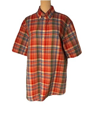 CHAPS Linen Cotton Plaid Short Sleeve Button Down Shirt Men s L/G Classic Summer