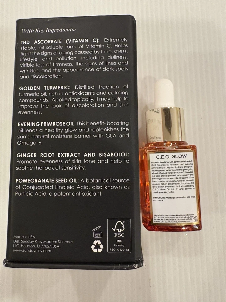 Sunday Riley CEO Glow Vitamina C + Aceite Facial de Cúrcuma 0.5 fl oz 15 ml Nuevo Foto 3 de 4