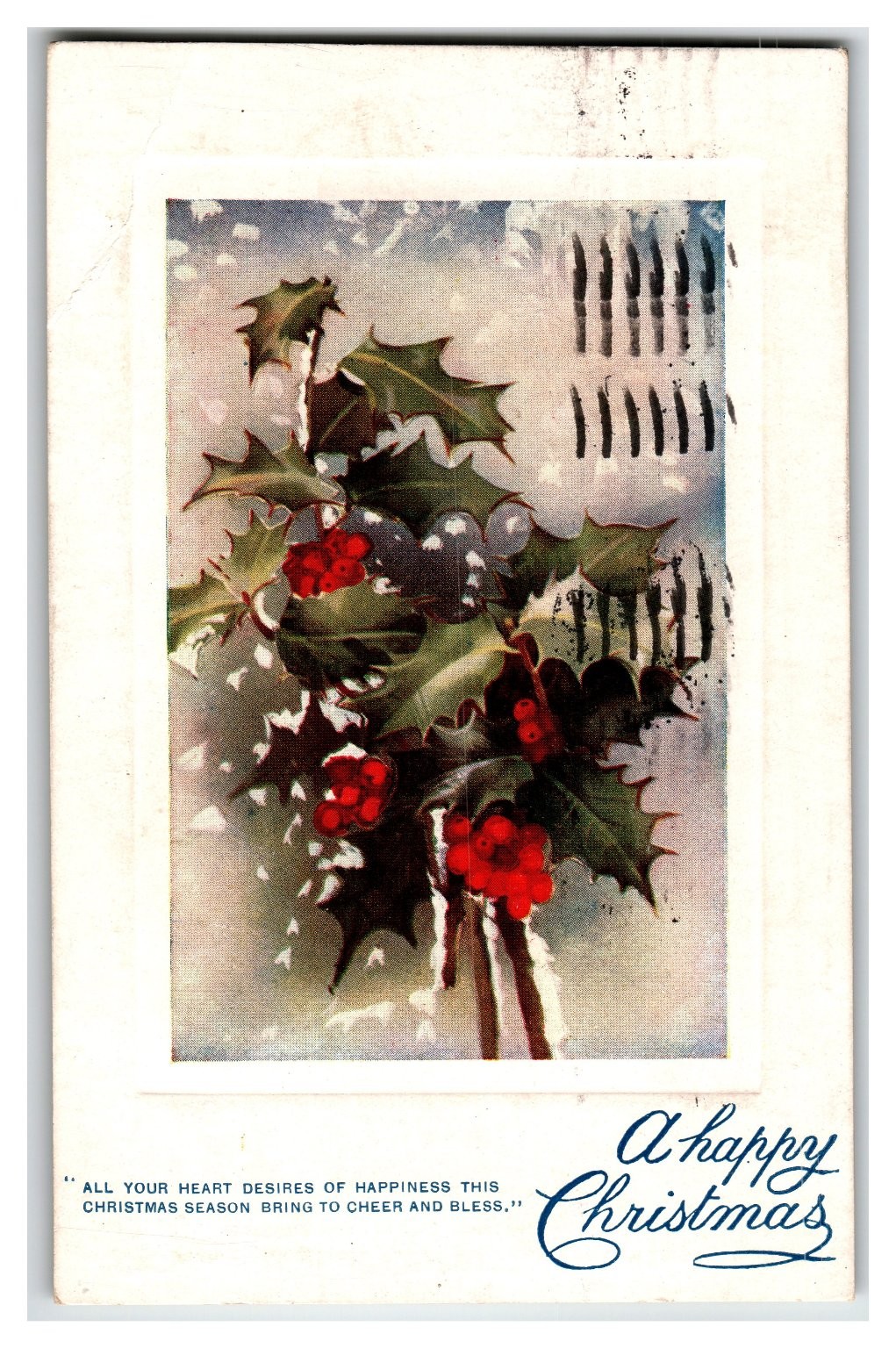 1908 Tuck's Christmas Postcard Holly Berries Winter Scene Vintage