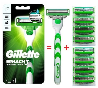 8 Gillette Mach3 Sensitive Rasierklingen 2 x 4 Klingen + Rasierer mit 1 x Klinge
