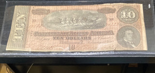 Confederate States Of America 10 Dollar Note Currency 1864 Paper Money