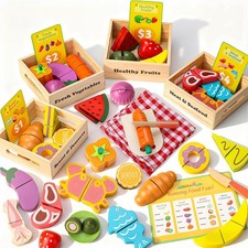 Wooden Play Food Set for Kids Kitchen - Pretend Cutting Toys with Fruits, Veg...