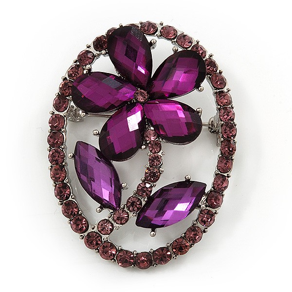 Purple Crystal Daisy In The Oval Frame  Brooch In Silver Plating - 4.5cm Length