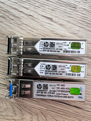 Lot of 3 HP SFP Transceivers   2x Multimode 850nm + 1x Singlemode 1310nm (10km)