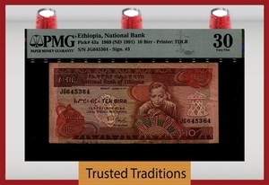 PK 43a 1969 (ND 1991) ETHIOPIA NATIONAL BANK 10 BIRR PMG 30 VERY FINE