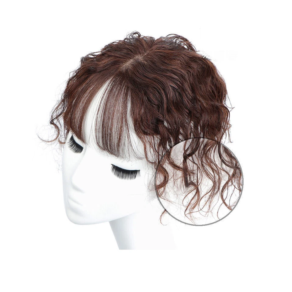 Woman Wavy Curly Hairpiece Clip In Real Human Hair Top Topper Toupee With Bangs - Image 3 of 4