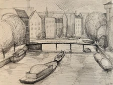 Beautiful Drawing Ink 1960 Amsterdam Canal Holland Antique Frank Hage Artist