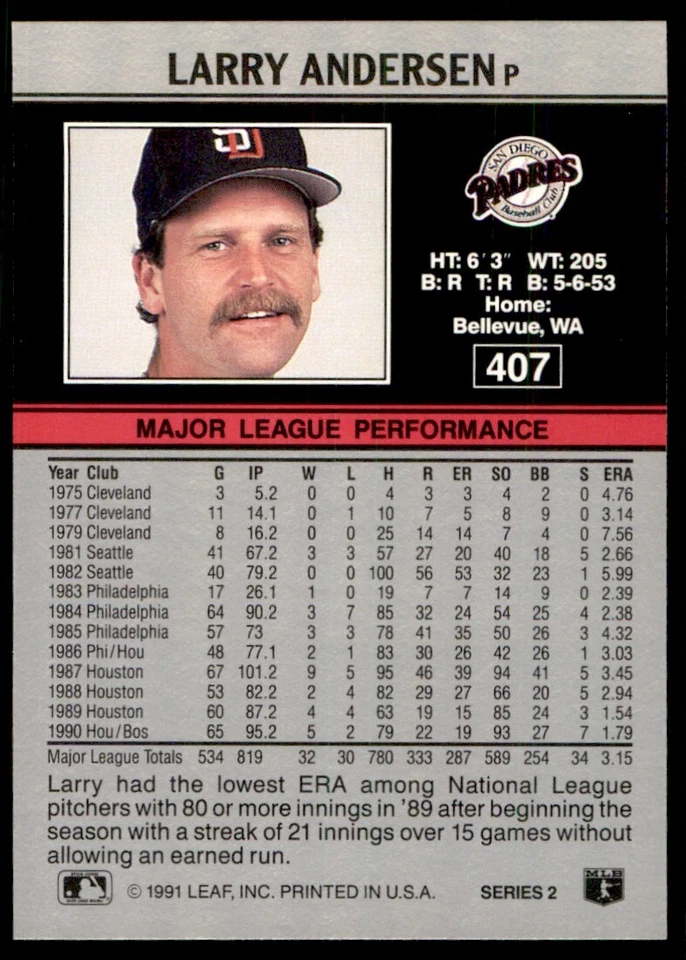 1991 Leaf Larry Andersen San Diego Padres #407 - Image 2 of 2