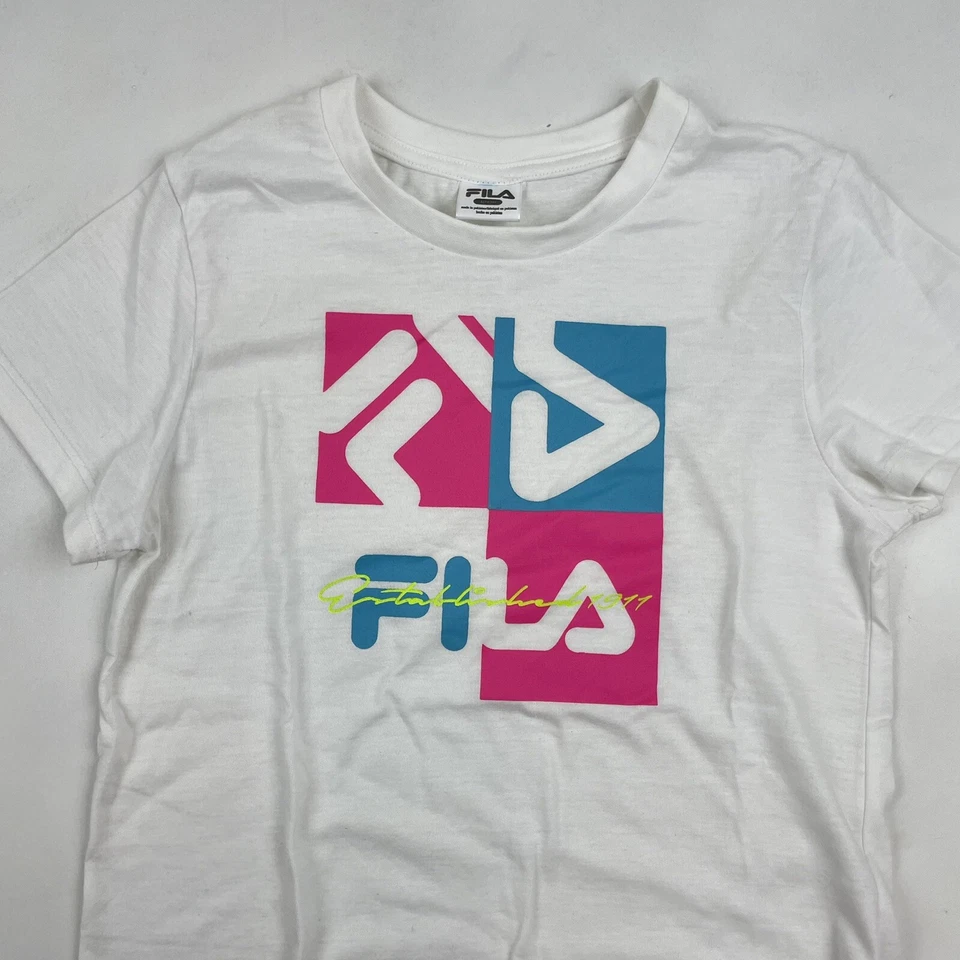 Camiseta FILA Niñas Blanca Rosa Azul Logo Gráfico Talla L 14-16 Algodón Poliéster Foto 3 de 4