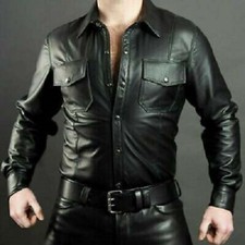 Men's Genuine Casual Shirt Black Lambskin Real Leather Full Sleeves Party wear