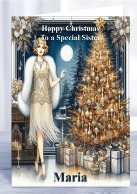 DEZZASHAZZA Personalised Christmas Card Art Deco Ladies Mum Sister Nana Friend Daughter