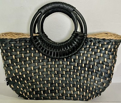 Free People Sofia Basket Corn Husk Woven Tote Black Tan Rattan Ring Handles