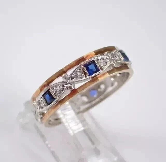 Anillo de boda de eternidad de zafiro simulado princesa de 2 quilates chapado en oro de dos tonos de 14 k Foto 3 de 4