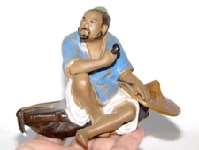 Vintage Rustic ASIAN MUD MAN Resting With Pipe, Beautiful Glaze