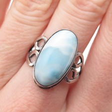 925 Sterling Silver Vintage Real Cabochon Larimar Heart Ring Size 8.75