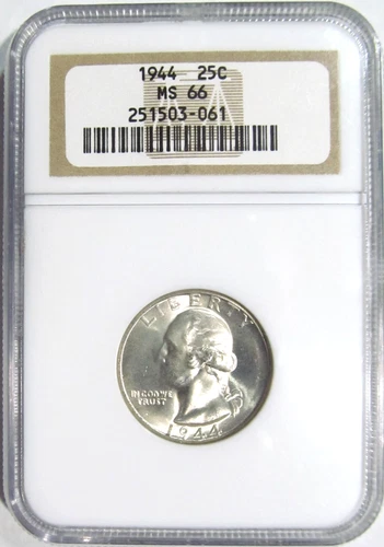 1944 WASHINGTON Silver Quarter NGC MS 66