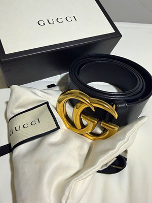 Authentic Gucci Women s Black Belt Gold GG Logo Buckle Solid Designer Size 85/34