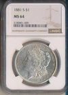 1881-S MORGAN SILVER DOLLAR **NGC CERTIFIED MS 64** FREE SHIPPING!!