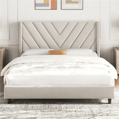 Base Marco De Cama Tapizada Queen Size Beige Plataforma Con Cabecera En Oferta