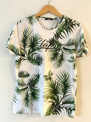 LC Waikiki Men's T-Shirt Size M White Green Tropical Palm Crew Neck Short Sleeve