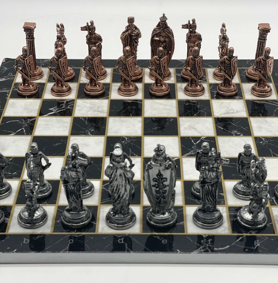 Black White Marble Pattern Wooden Chess Set with British Metal Chess Pieces - Image 3 of 4