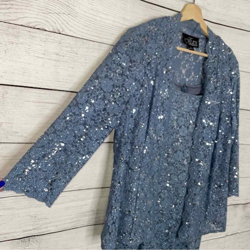 2 PIECE SET Alex Evenings Slate Blue Sequin Floral Lace Dress & Jacket 12 - Picture 2 of 14