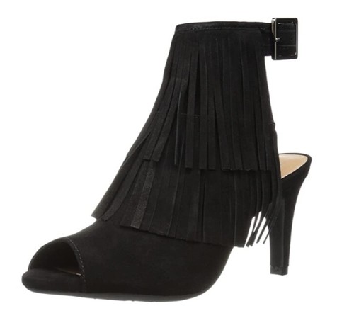 Aerosoles FRINGE Sandal SUEDE Peep Toe HEELS Black or Tan 7M Hippie BOHO Cowgirl - Picture 2 of 12