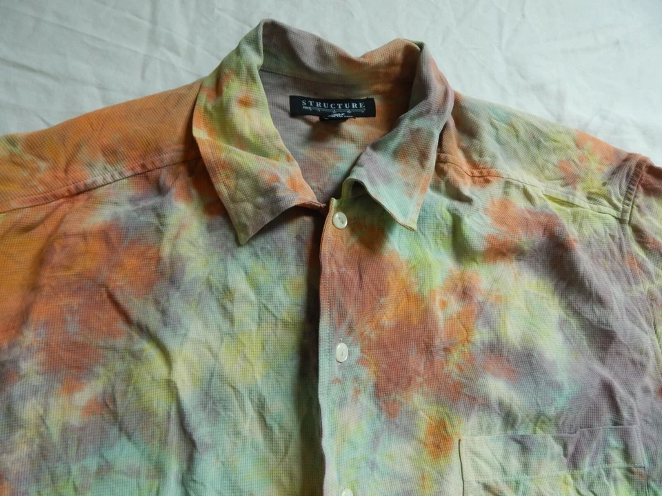 Camisa de seda tie dye púrpura naranja manga corta abotonada - grande para hombre hecha a mano Foto 4 de 4