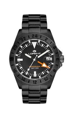 GMT HERREN UHR LORENZ PROFESSIONAL DUAL TIME SWISS MADE RUNDES UHRWERK, SCHWARZ