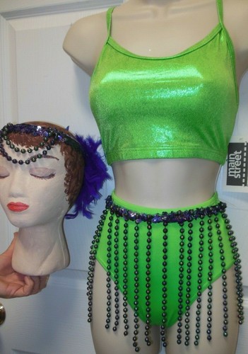 Beaded Hoochy Mama 2 piece Jazz Costume Small adult Lime Foil Iridescent plum - Picture 3 of 6