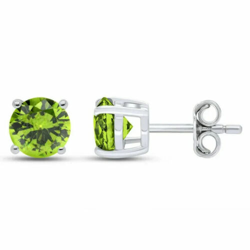 14K White Gold Plated Silver Lab Created 4 mm Peridot Women's Studs Earrings - Picture 1 of 5