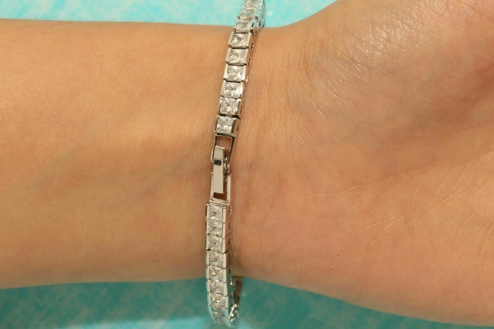 AMAZING Women's 14KT White Gold Finish Princess Cut Diamond Tennis Bracelet 5ct - Image 3 of 4