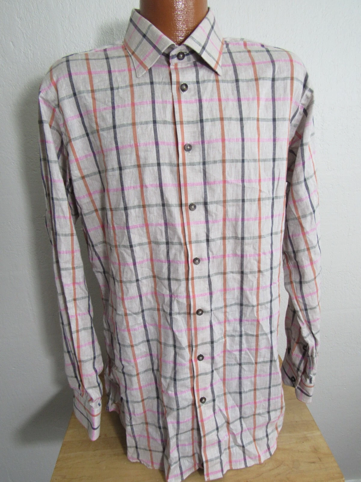 Tom James Custom Made XL Linen Beige Pink Check Button Down Shirt!