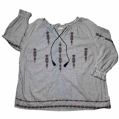 Ruff Hewn Womens Plus 3X Embroidered Blue Striped Blouse Long Sleeve Peasant Top