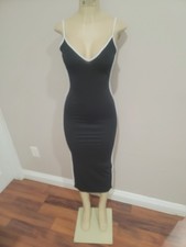 PrettyLittleThing Black/White Trim V-Neck Strappy Bodycon Midi Dress Stretch 2