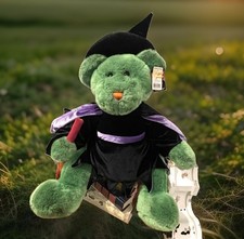 VTG Halloween Witch Teddy Bear Plush Green Fur 22" Hat Dress Cape Broom