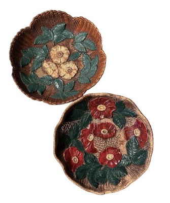 Vtg 1951 Multi Products Inc Wood Composite Floral Bowls Set of 2 Dogwood Poppies
