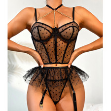 Sexy Dessous Damen Schwarz – Transparente Corsage mit Straps Lingerie Reizwäsche