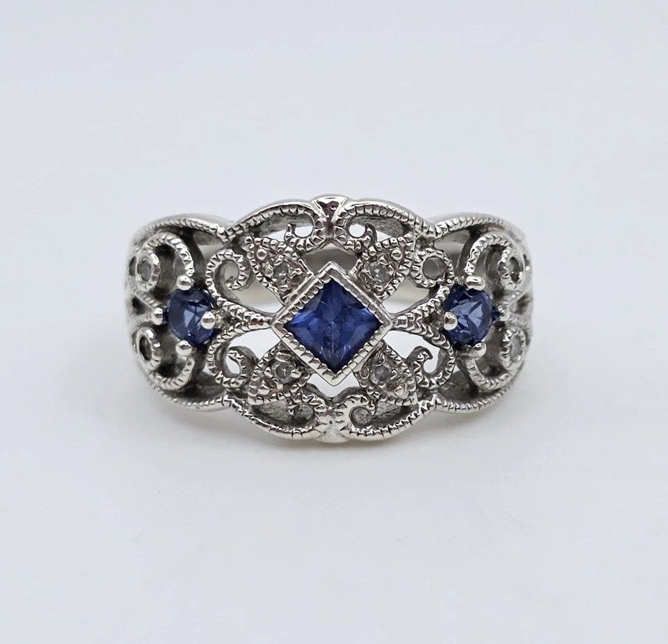 Vintage Sterling Silver Filigree Blue Sapphire Ring Size 7 Art Deco Victorian - Image 3 of 4